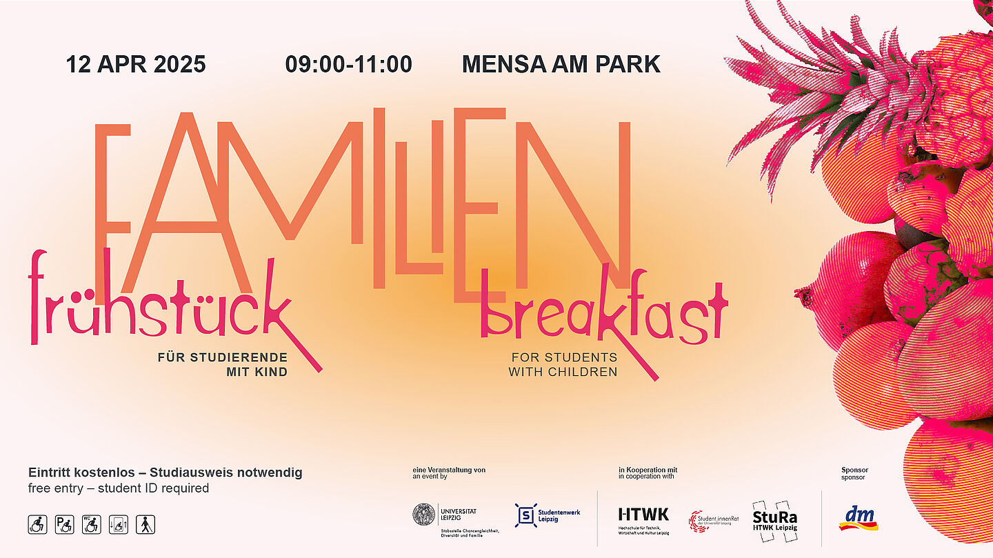 Familienfrühstück für Studierende mit Kind in der Mensa am Park am 12.04.2025 Plakat Familienfrühstück. Farbton orange/pink. Abgebildet sind verschiedene Früchte.