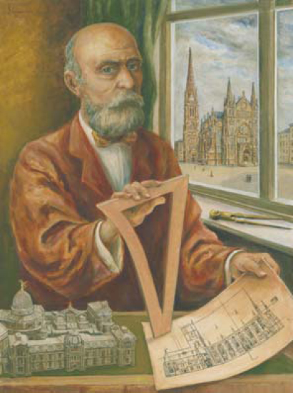Constantin Lipsius (Quelle: Klaus H. Zürner) Porträt von Constantin Lipsius an seinem Schreibtisch mit Unterlagen und Zeichengerät